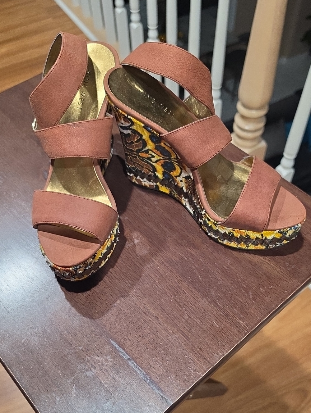 Nine West Rust Brown Strappy Floral-Print Wedges